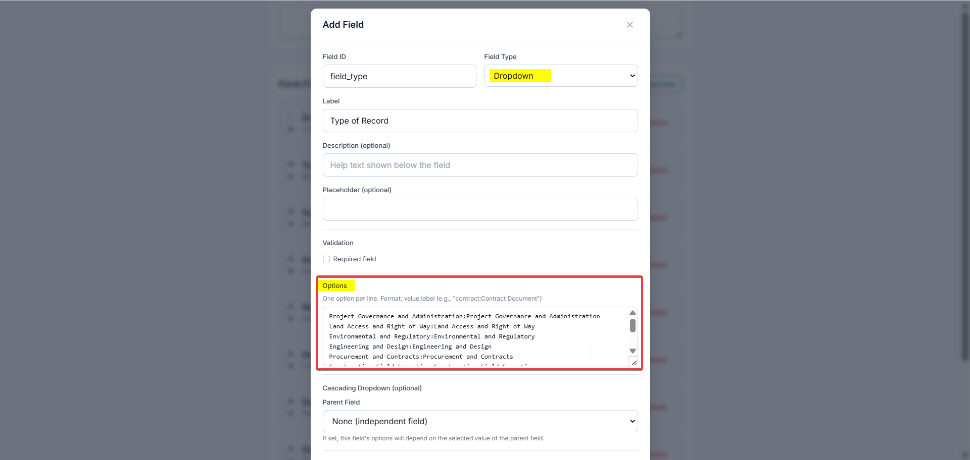 Creating a parent Select field with value:Label options in the Form Builder
