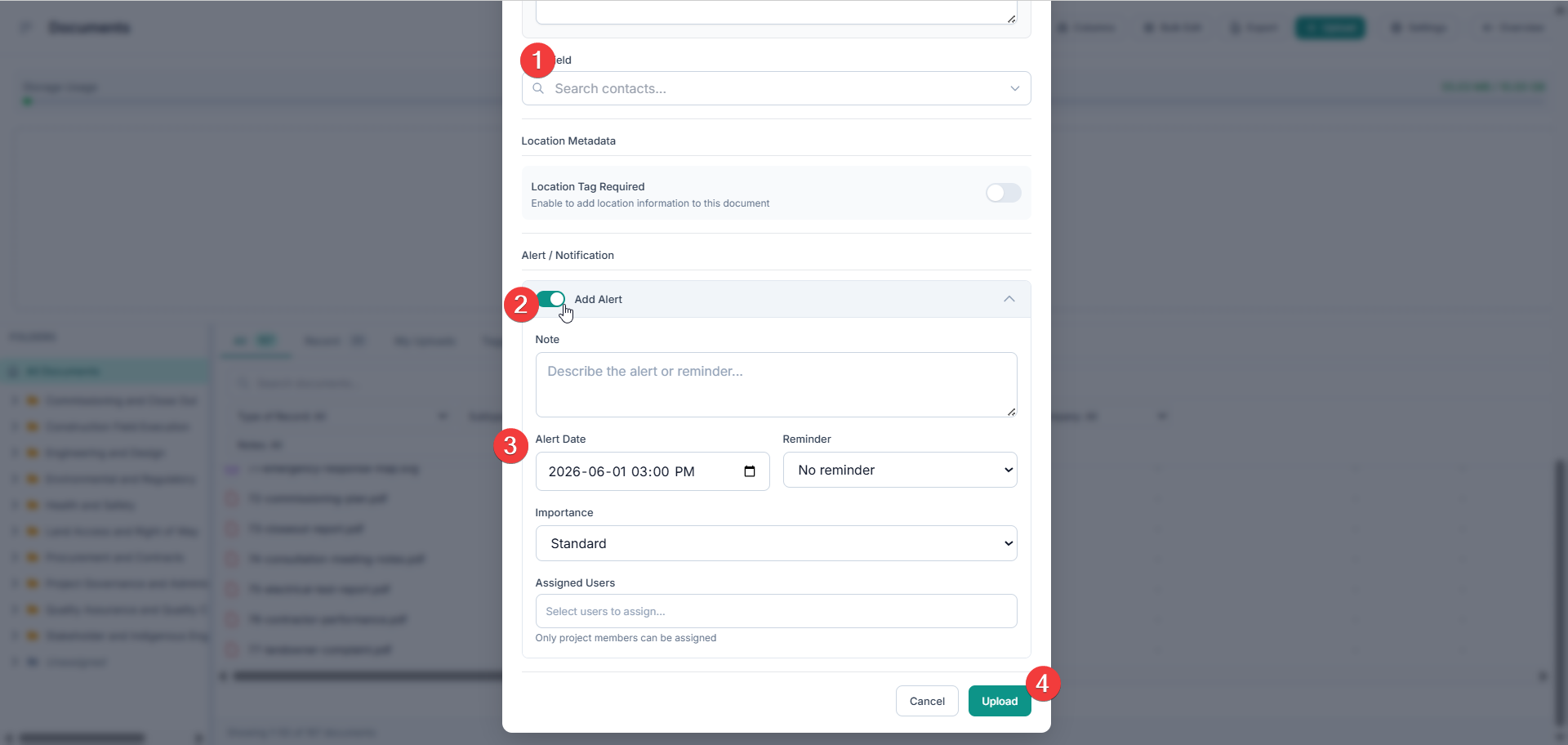 Upload panel with the Alert / Notification section expanded