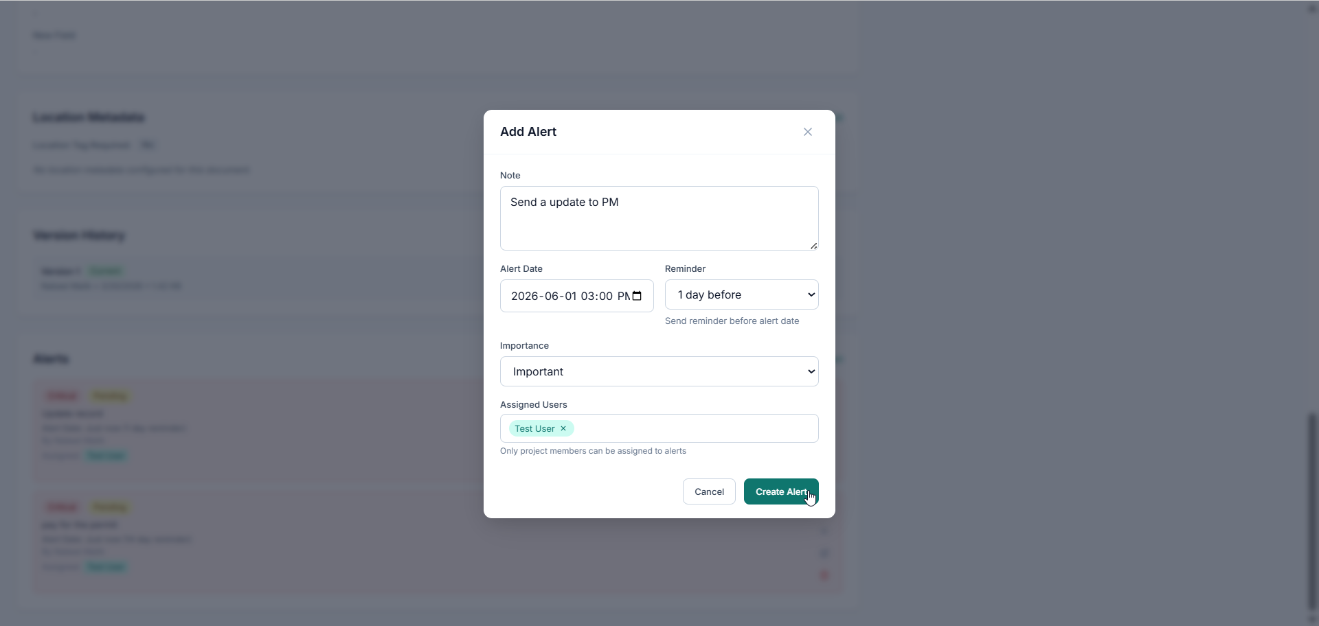 Create Alert form with Note, Alert Date, Reminder, Importance, Assigned Users