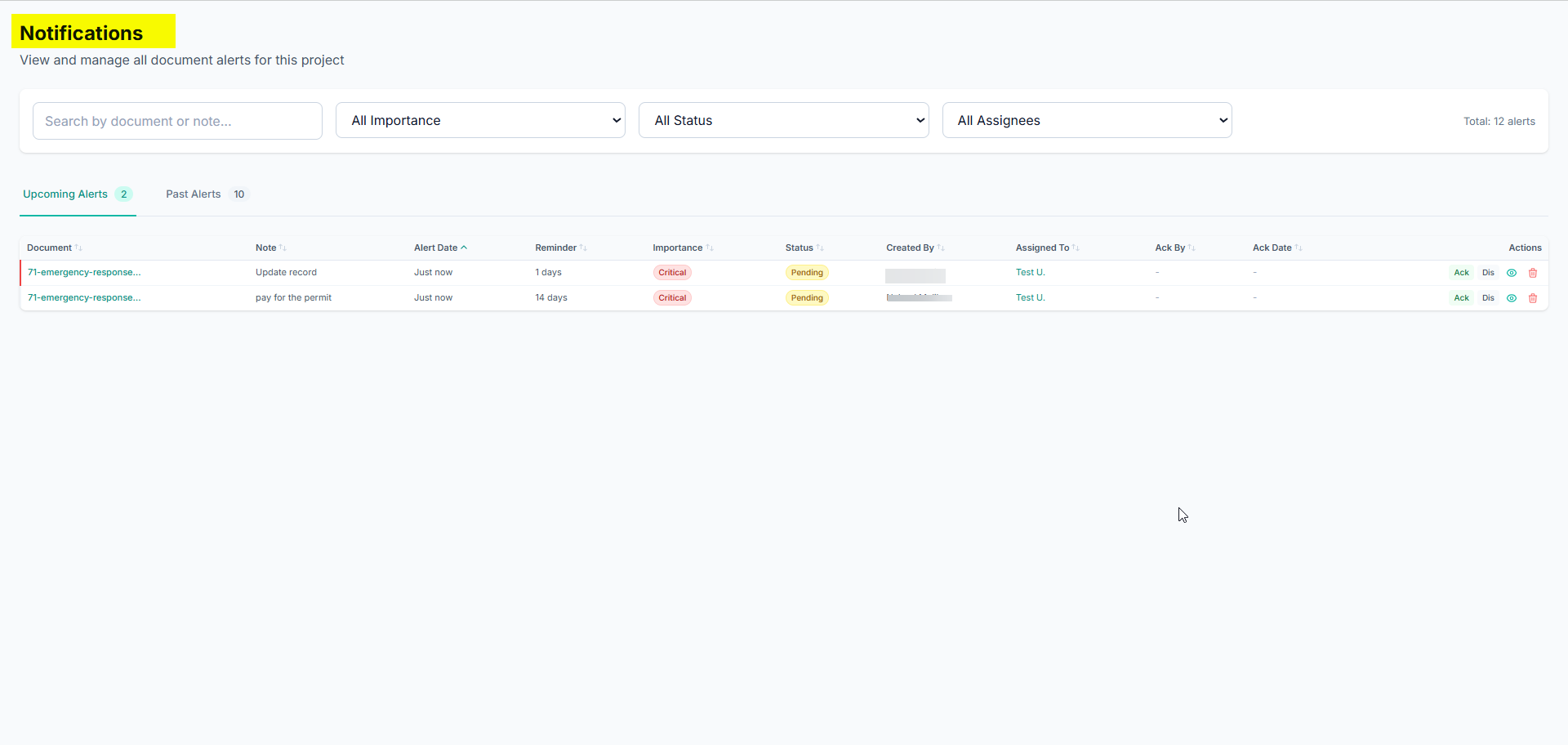 Notifications page header and the full alerts table