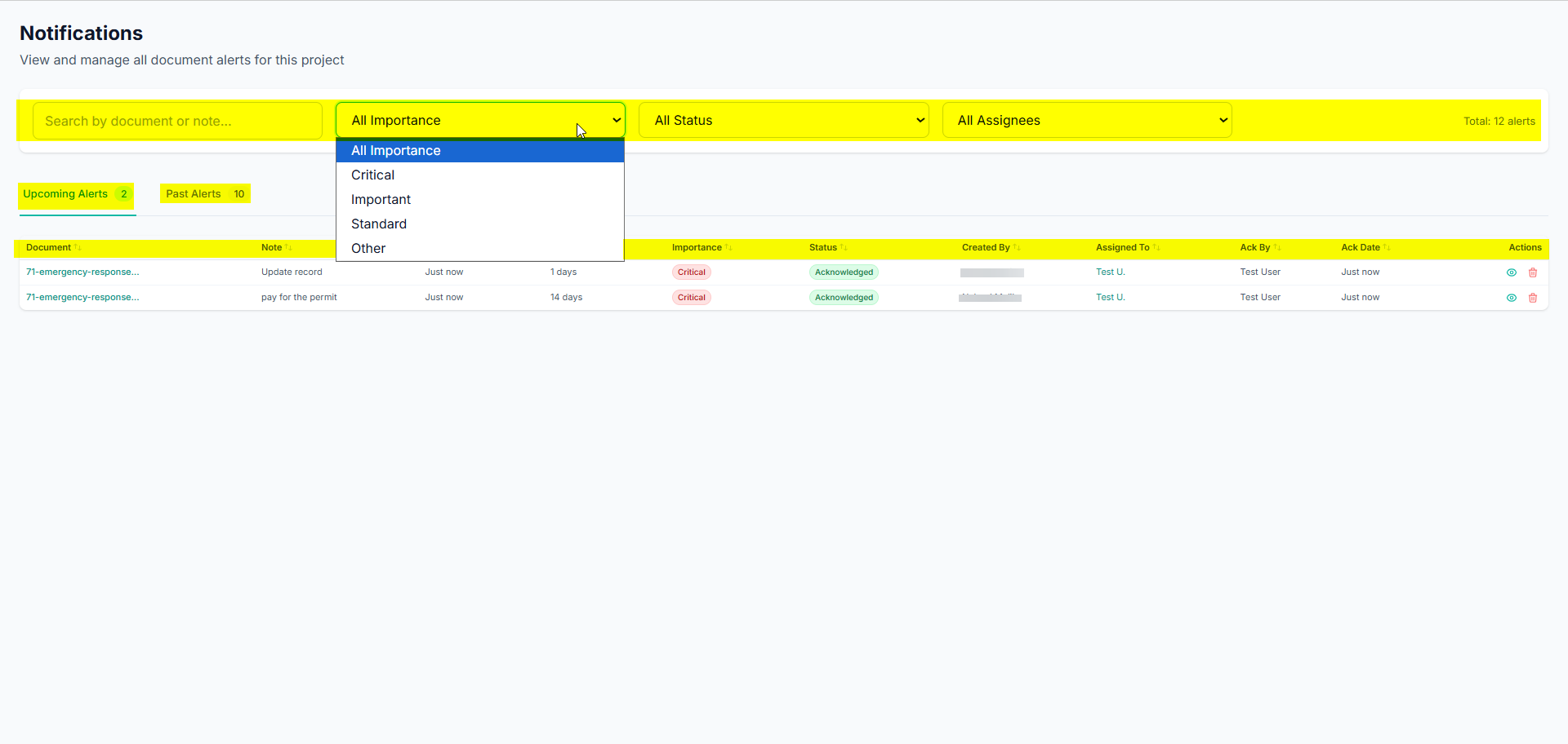 Filter bar with search, importance, status, assignee, and the Upcoming / Past tabs