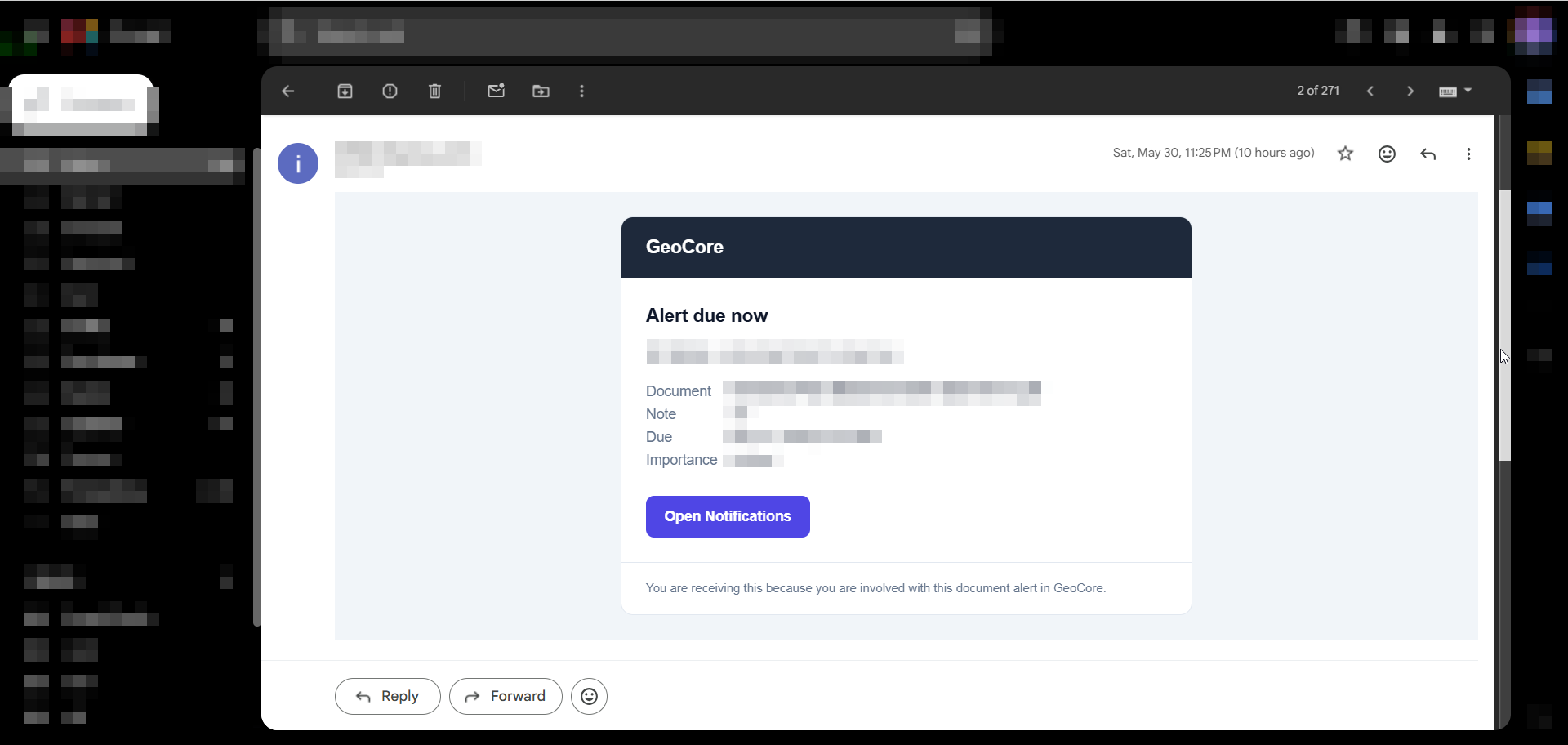 Example alert email with the details block and Open Notifications button